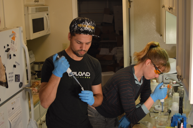 Biohackers working in a kitchen of Odin founder Josiah Zayner’s apartment. Image: Josiah Zayner